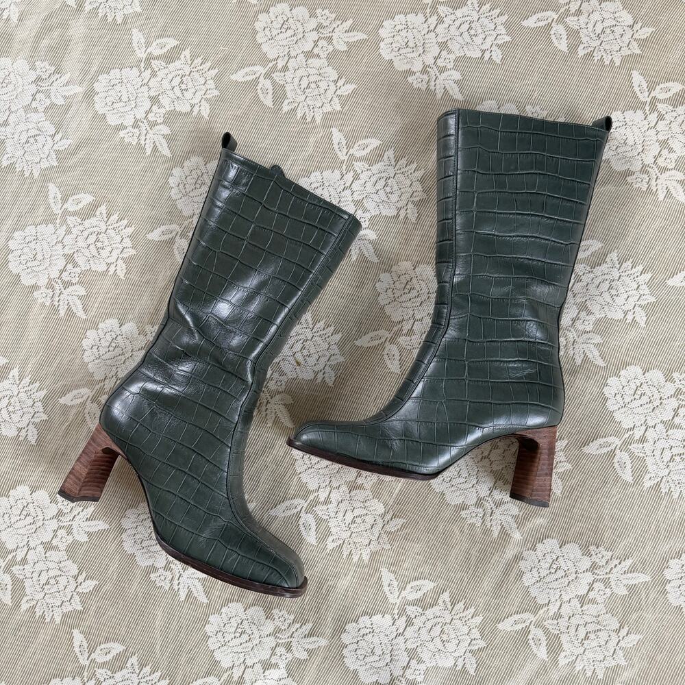 Free People Vicenza Croc Embossed Green Leather Boots Size 7